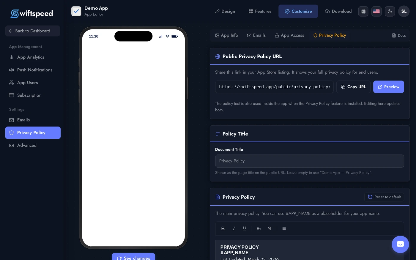 Rich-text editor with H3, bold, italic, list, link toolbar