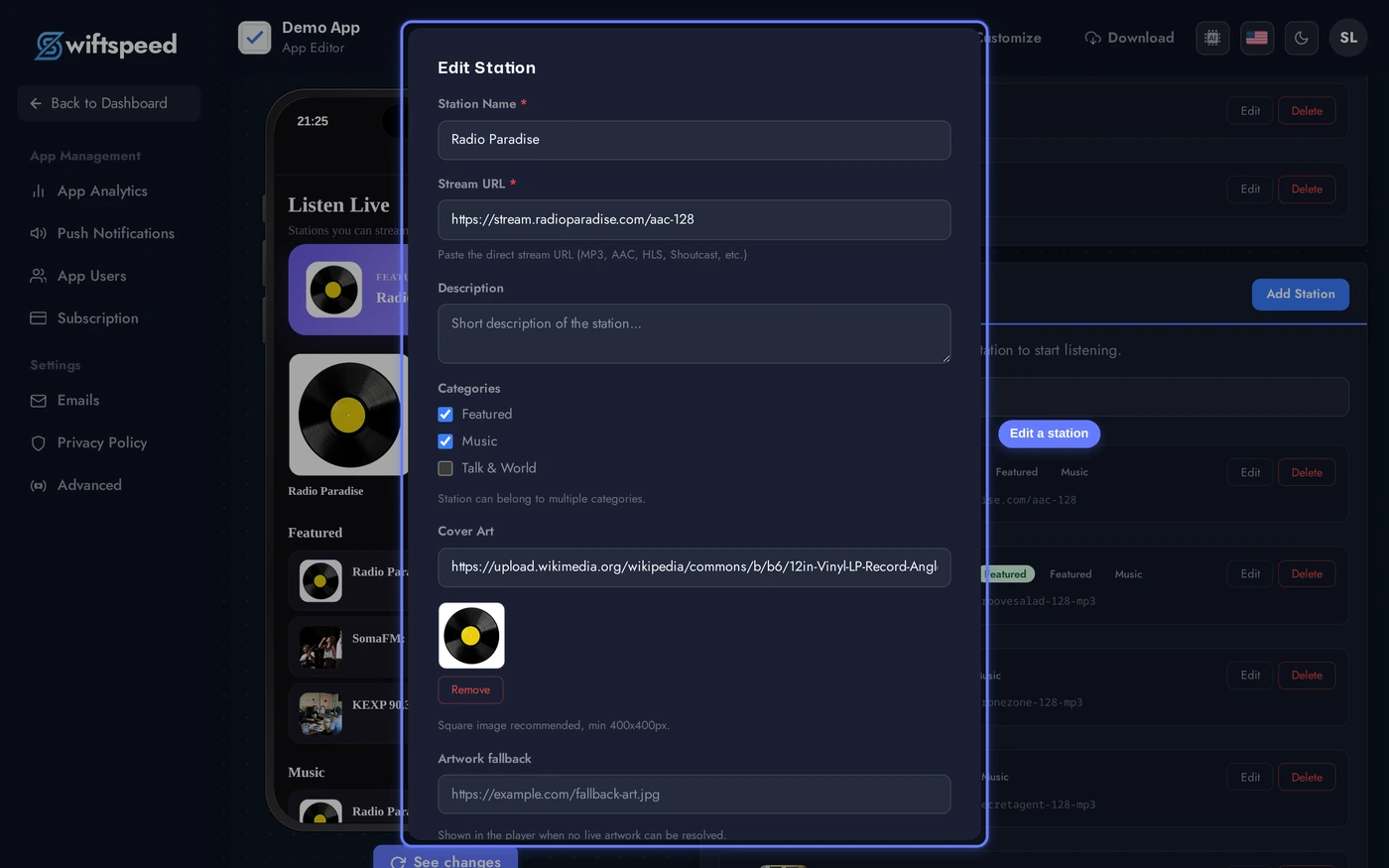 Radio editor station edit form showing all fields populated for the Radio Paradise demo entry