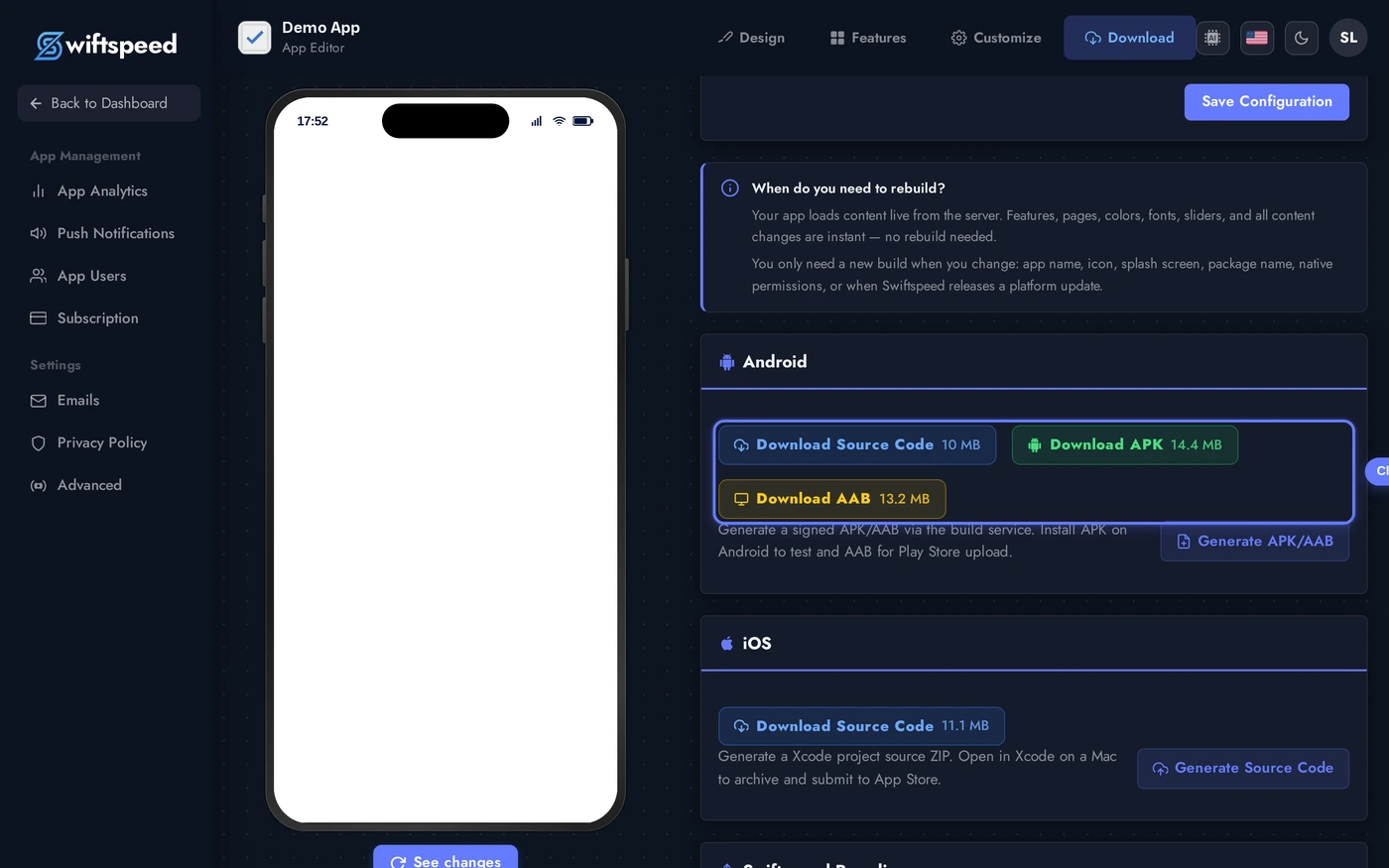 Publish page with both Android and iOS builds in success state showing download pills for source ZIP, APK, and AAB