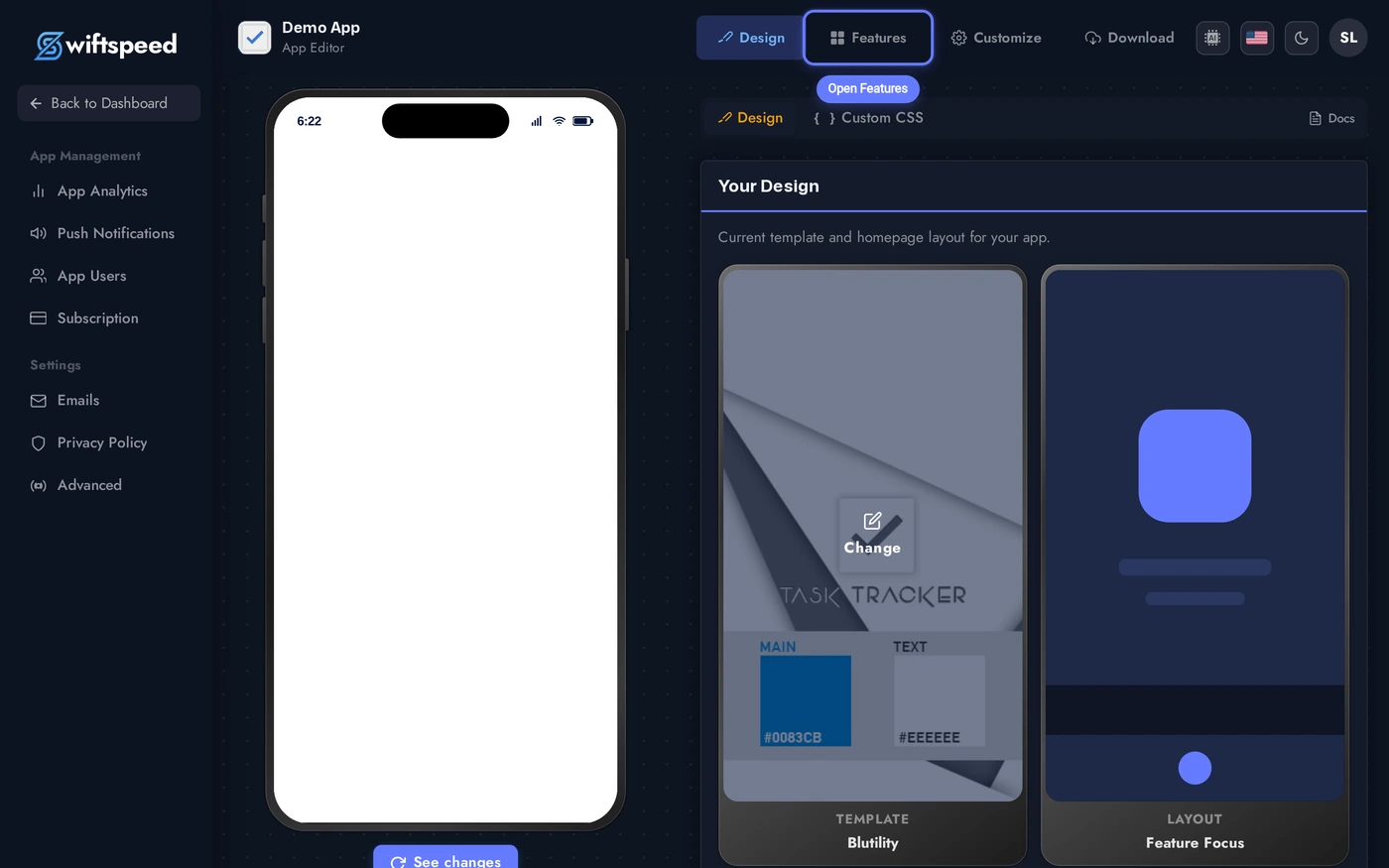 App Editor with the Features tab highlighted