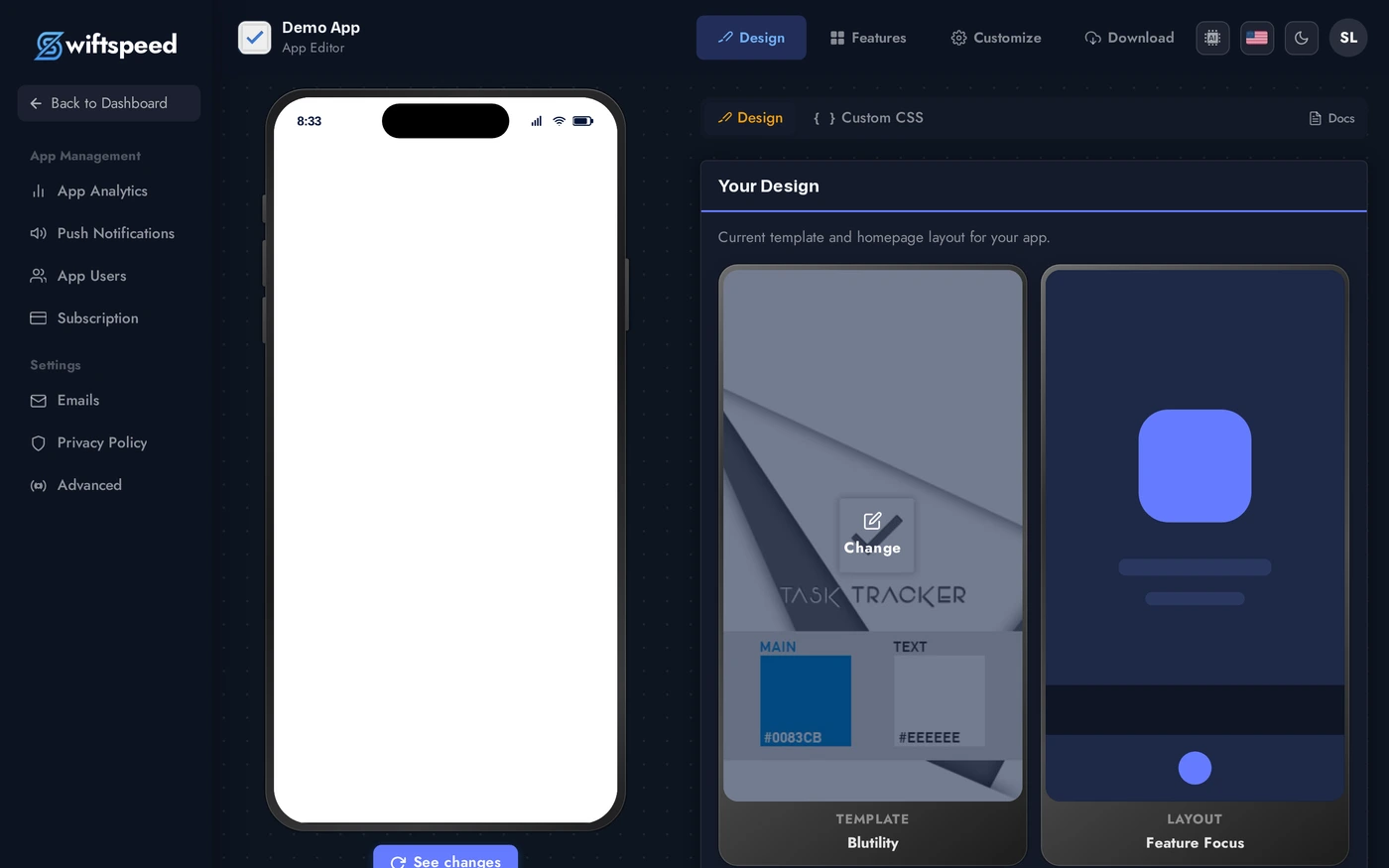 Full app editor view showing left sidebar, top bar, center workspace, and right-side phone preview