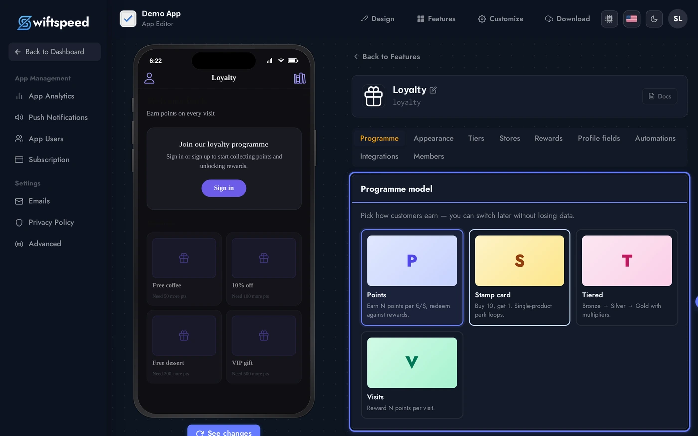 Loyalty editor on the Programme tab showing the model picker