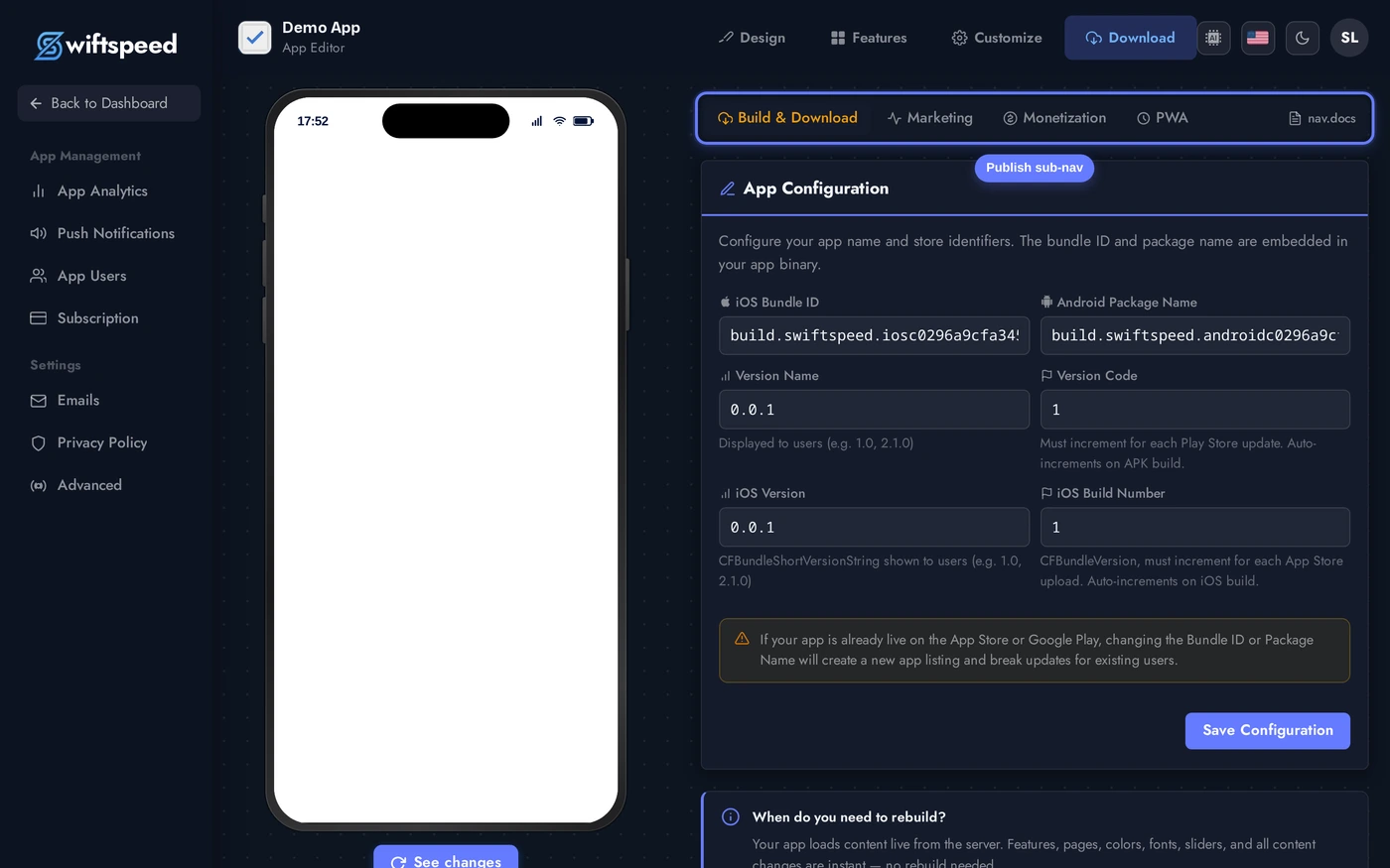 Publish > App Info page showing App Configuration, Tester iOS, Android Build, iOS Build, and Branding cards