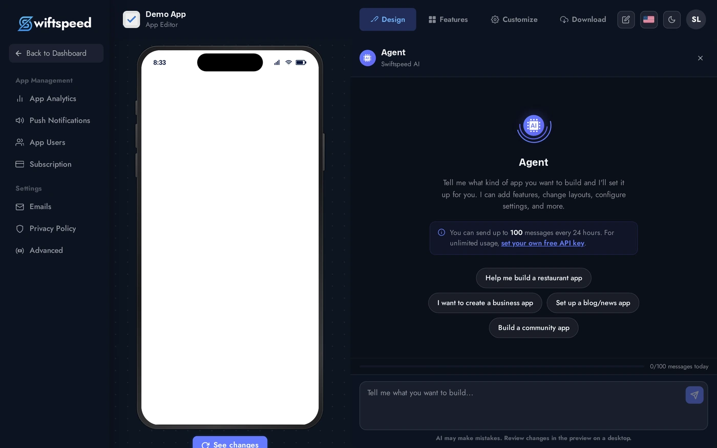 AI Builder panel open on the right side of the editor with a chat input and recent messages