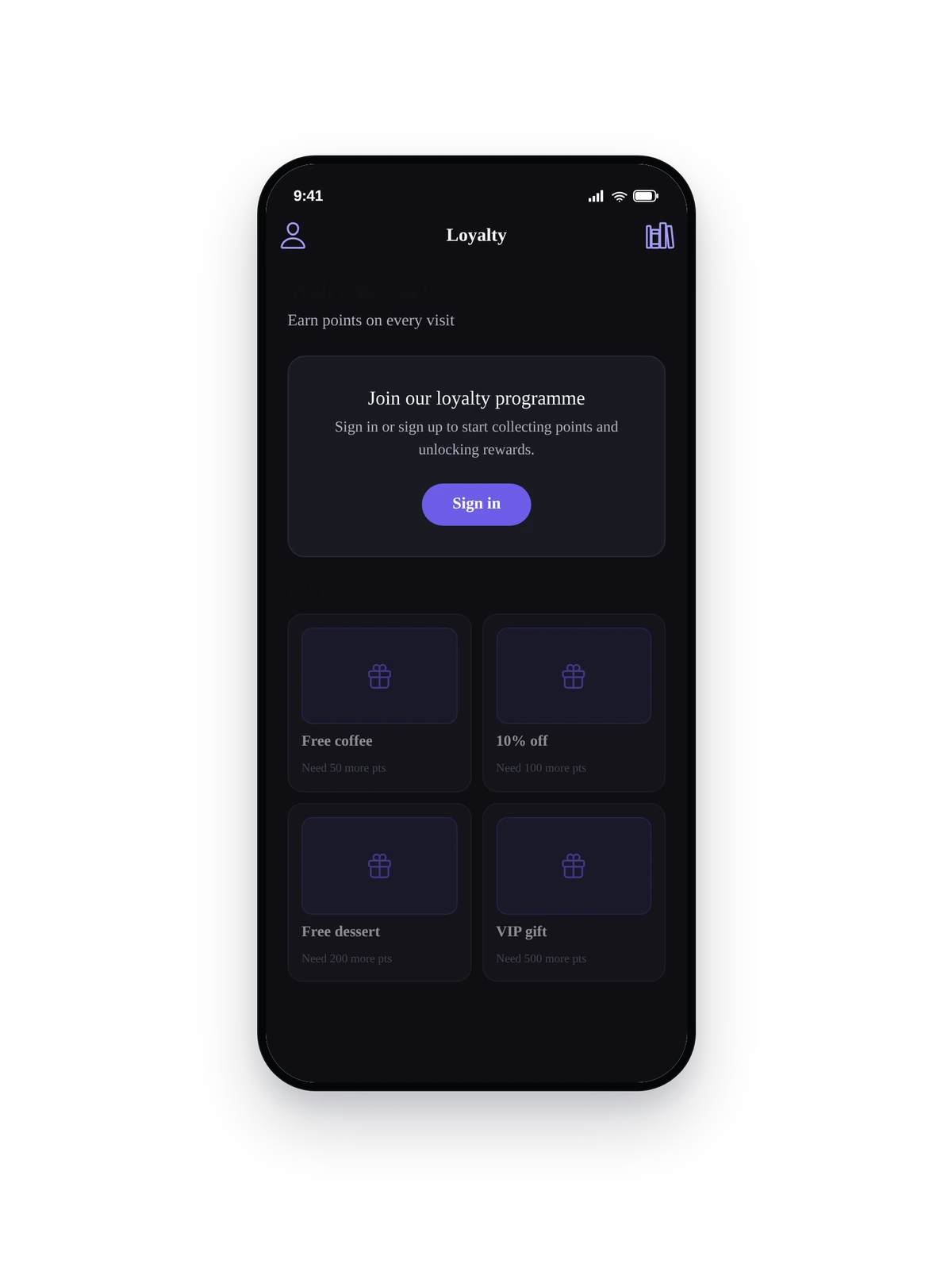 Phone frame rendering the loyalty home &mdash; balance card, quick action chips, reward grid, recent activity