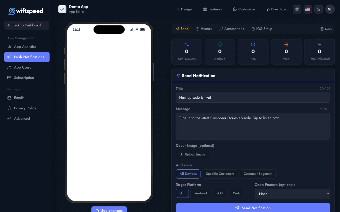 Send Notification form with title, message, cover image upload, and audience options