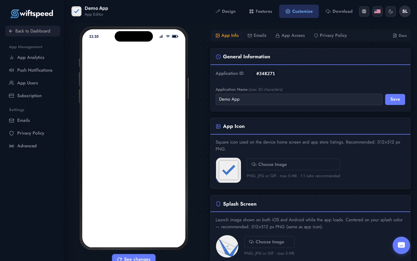Customize page with App Icon, Splash Screen, Back Button cards