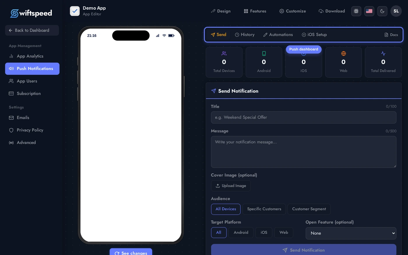 Editor sidebar with the Promote / Push Notifications page open