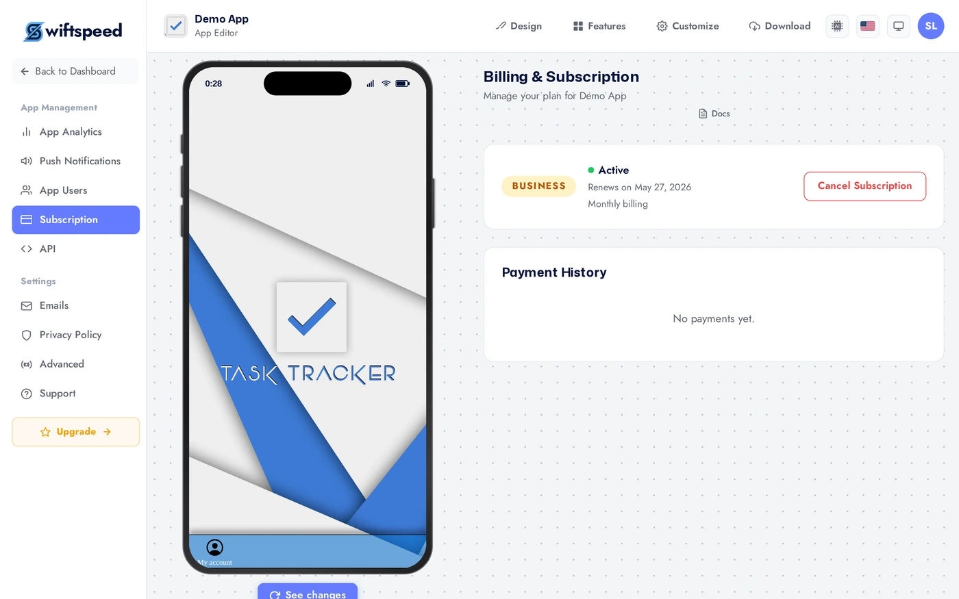 App editor on the Billing page