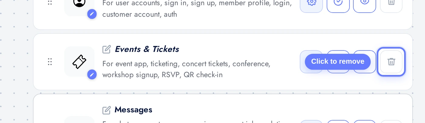 Features page with the Events & Tickets row and red remove button highlighted