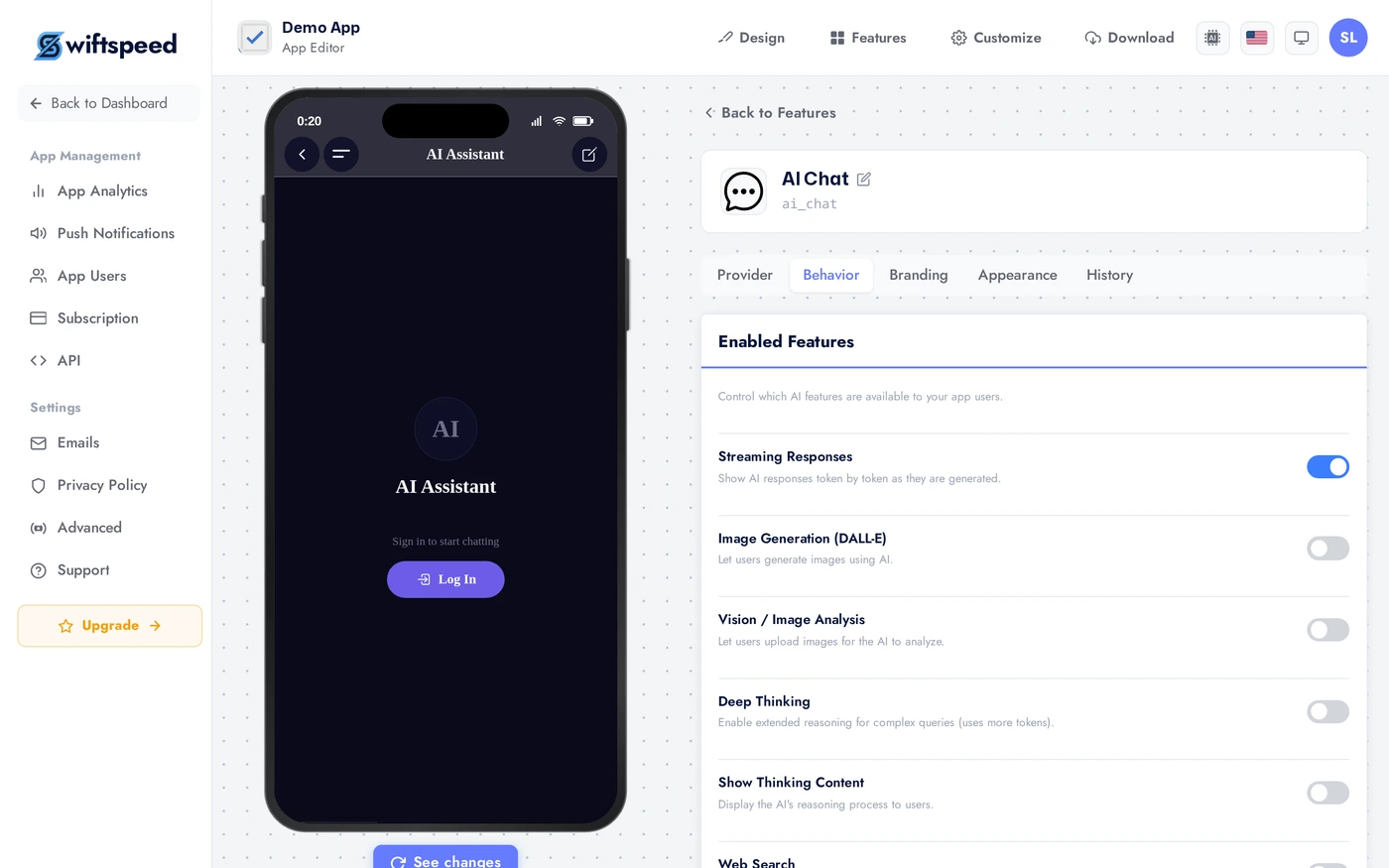 AI Chat Behavior tab with system instructions, temperature, max tokens, and capability toggles