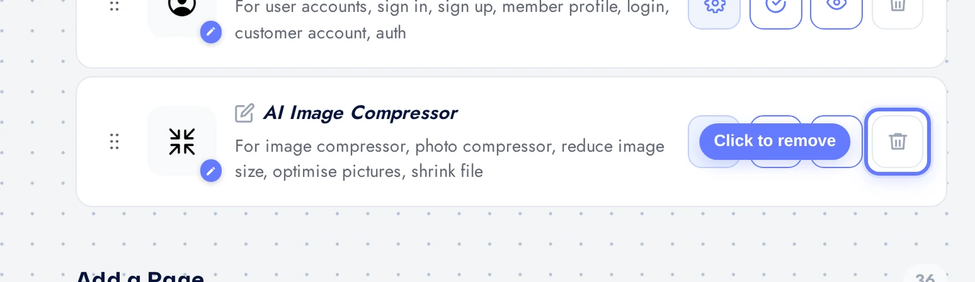 Features page with the AI Image Compressor row and the red remove button highlighted