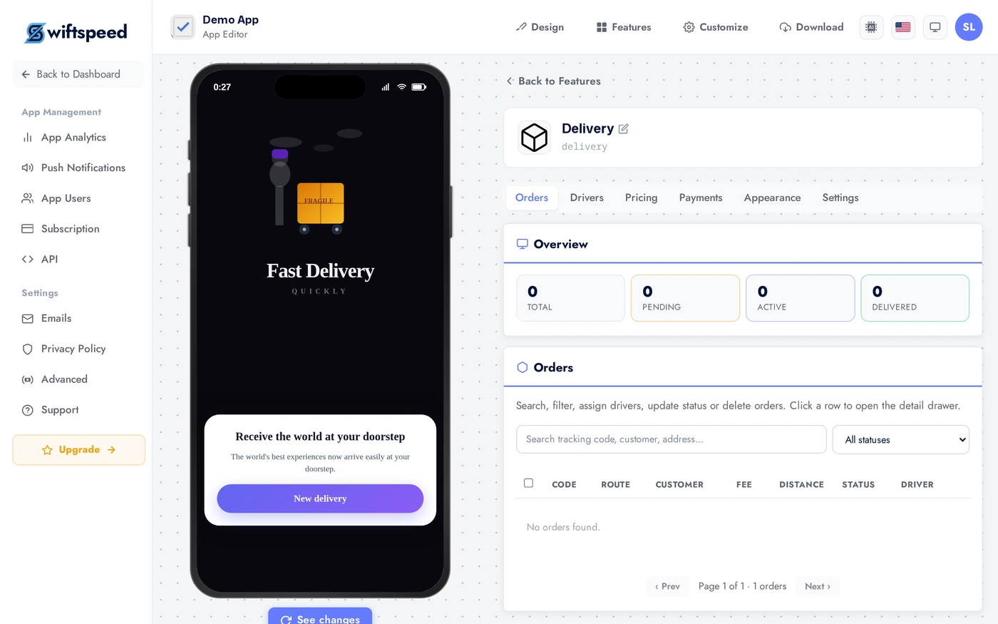 Delivery Orders tab showing live order dashboard