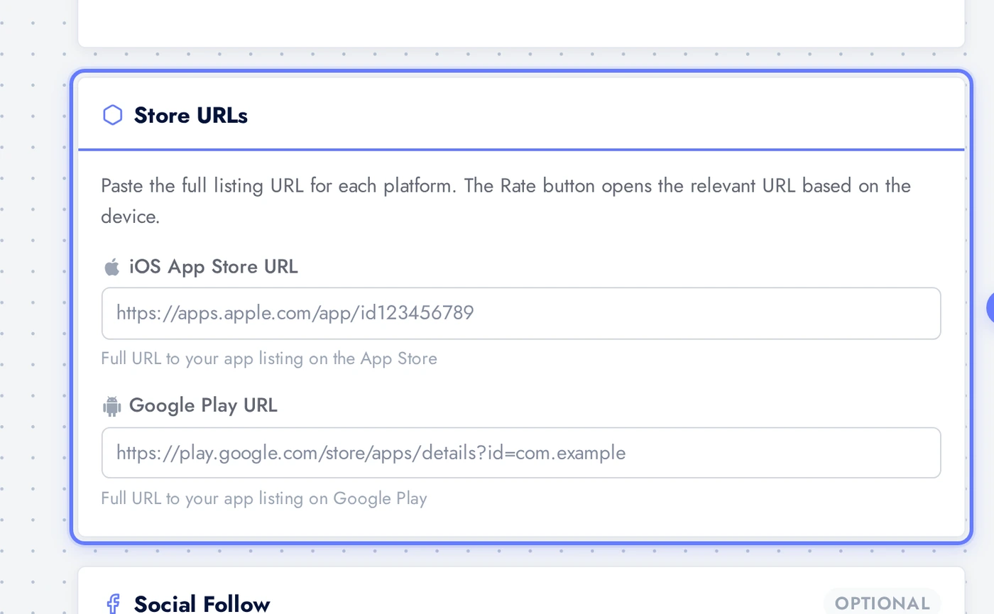 Store URLs card with iOS App Store and Google Play URL inputs
