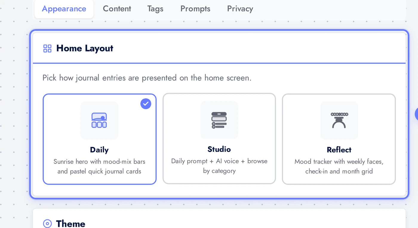 Journal Appearance tab showing the layout picker with Daily, Studio, Reflect options