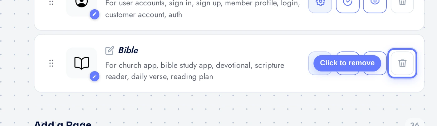 Features page with the Bible row and red remove button highlighted