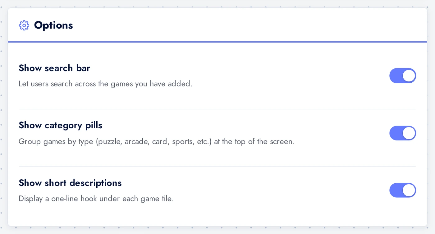 Options card with three toggles, all enabled