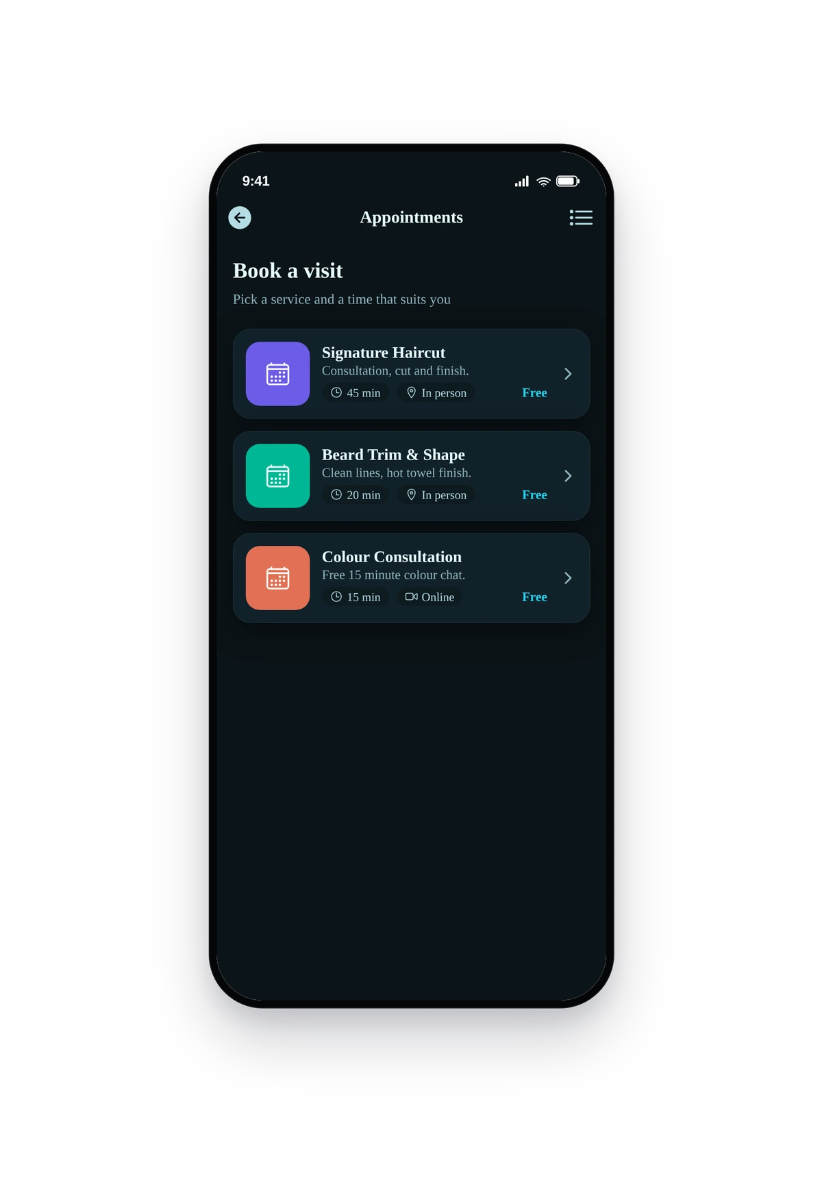 iPhone-style frame showing the Appointments feature with sample services