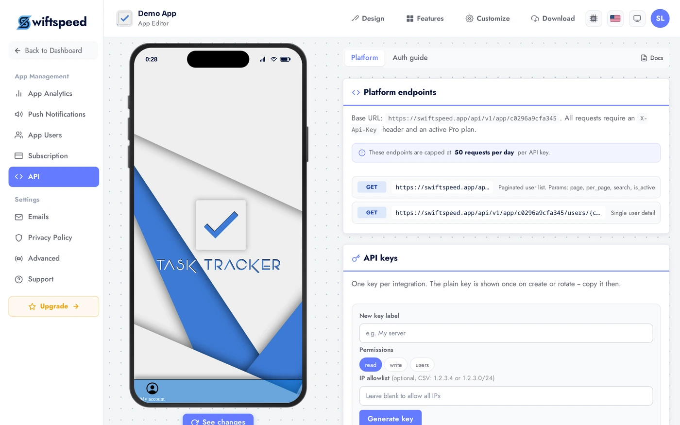 App editor on the API page
