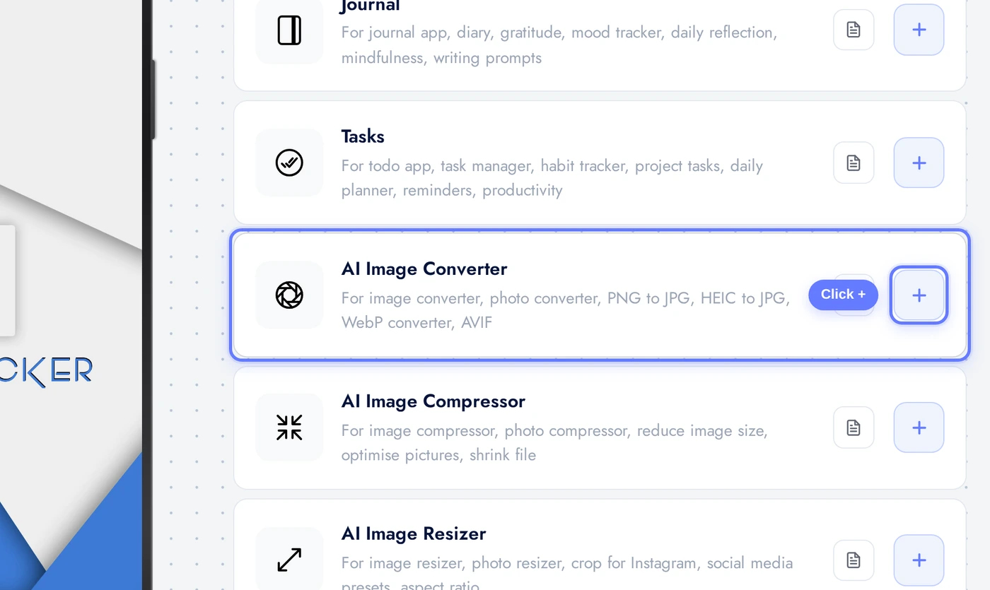 Add a Page list with the AI Image Converter card highlighted