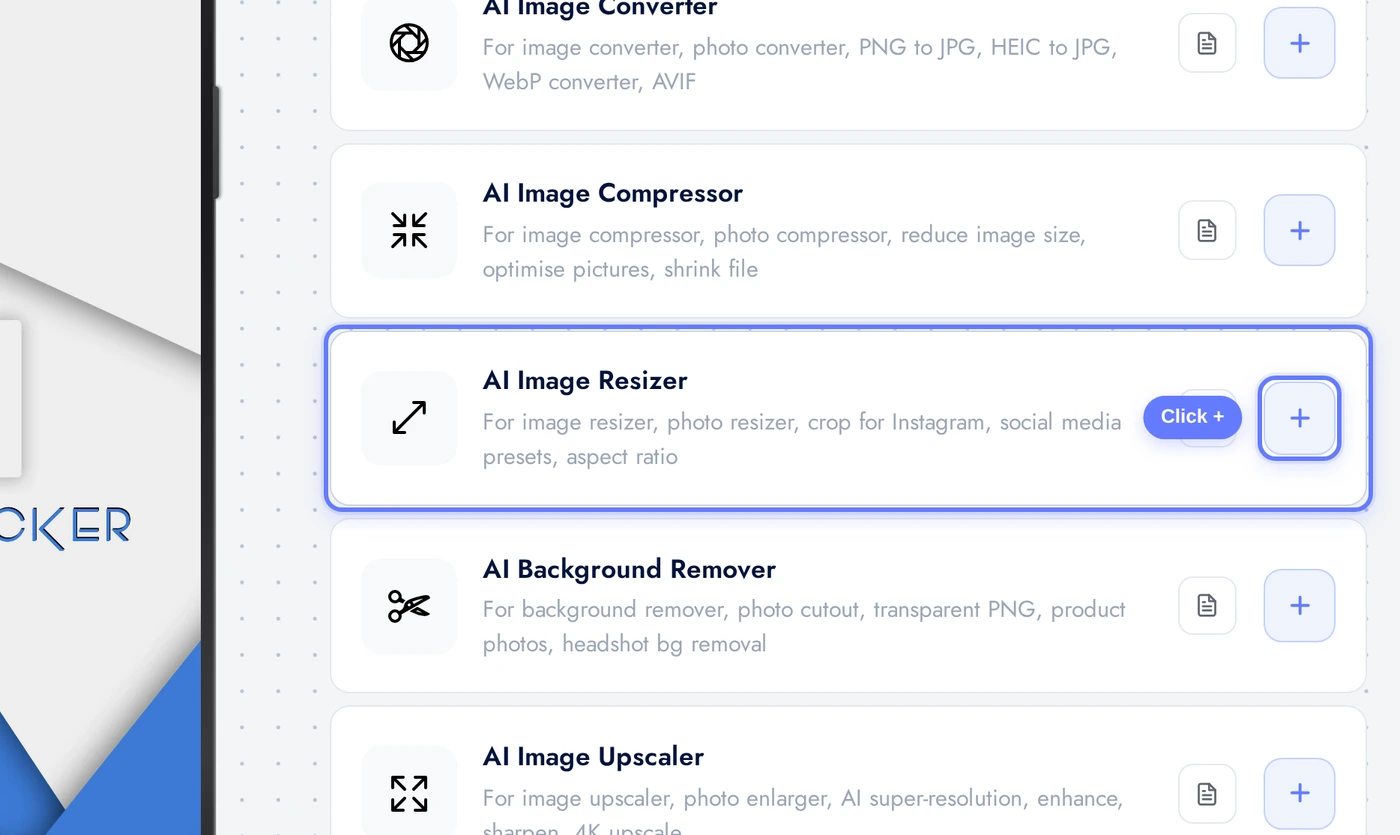Add a Page list with the AI Image Resizer card and an arrow on its plus button