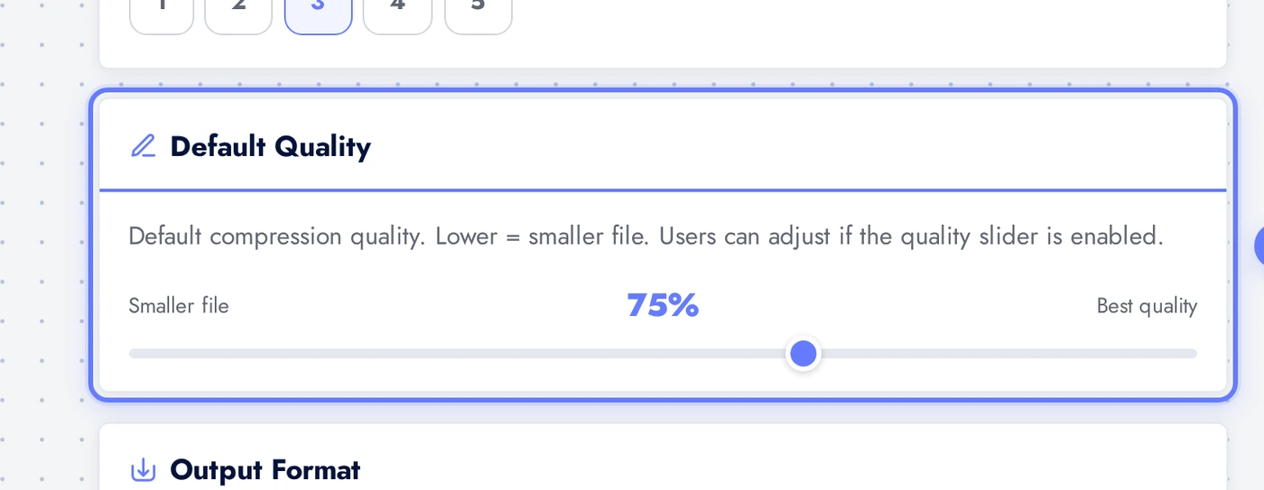 AI Image Compressor Default Quality slider set to 75 percent