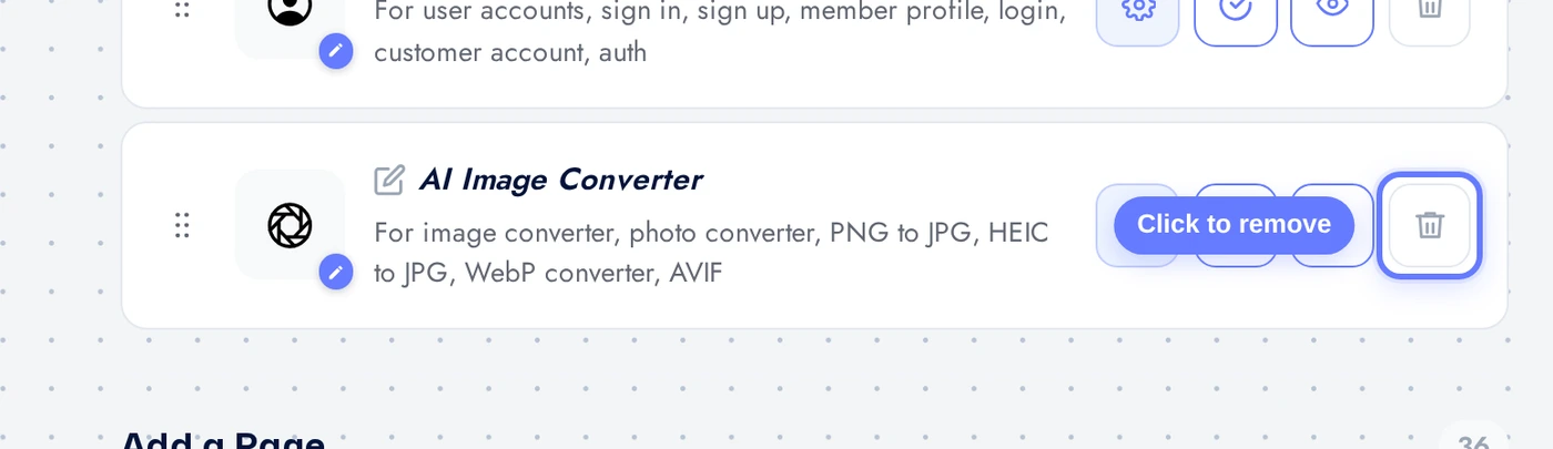 Features page with the AI Image Converter row and red remove button highlighted