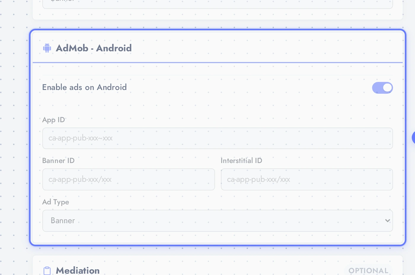 AdMob Android card with App ID, banner ID, interstitial ID, banner type, and enabled toggle