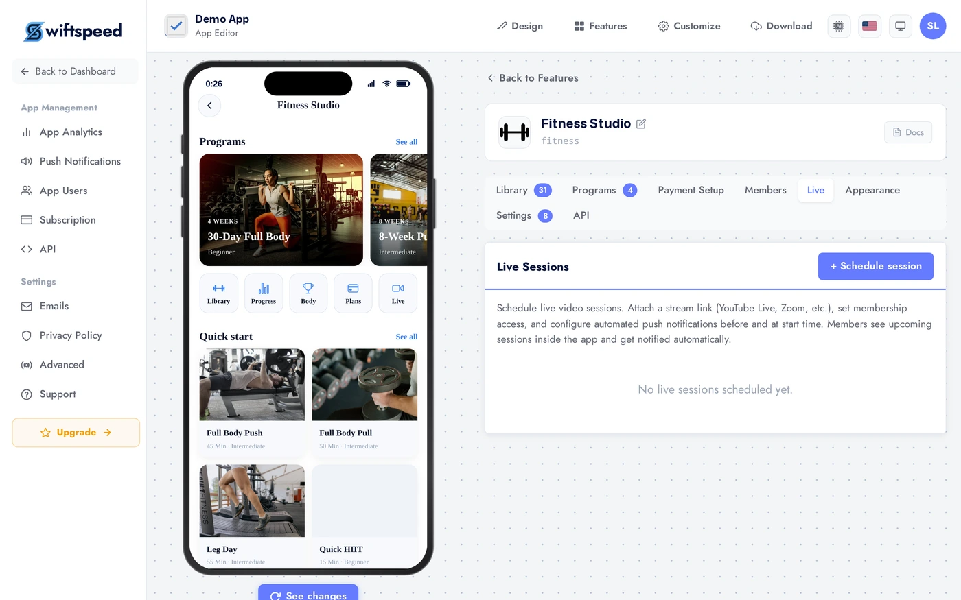 Fitness Studio Live tab