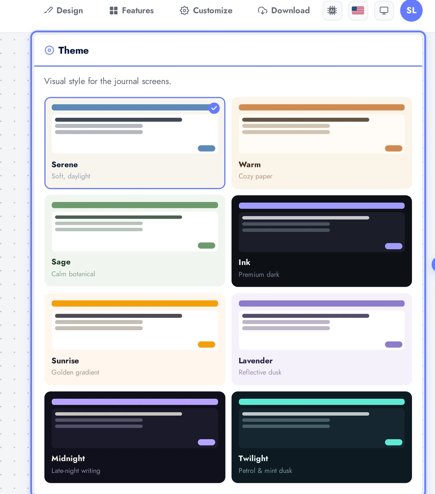Journal Appearance tab theme picker