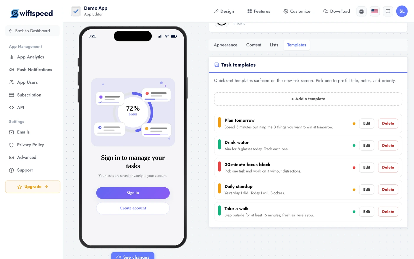 Tasks Templates tab