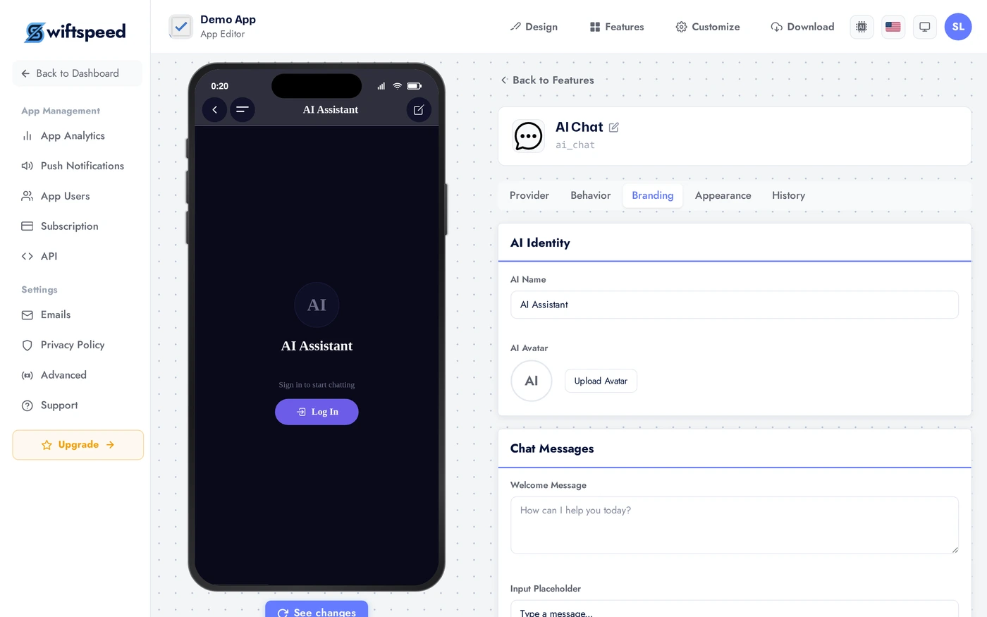 AI Chat Branding tab with AI name, avatar, welcome message, suggested prompts