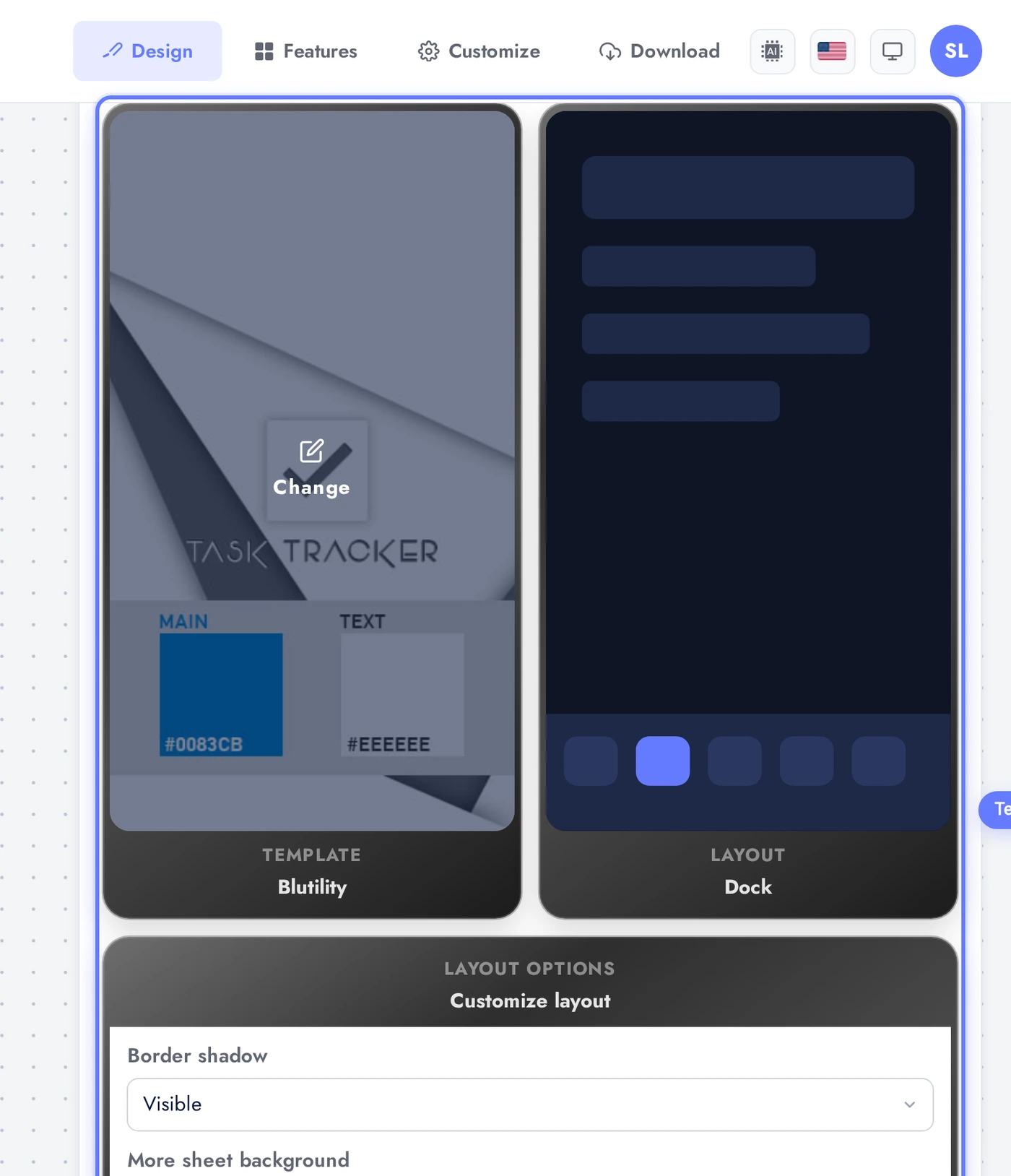 Design tab showing Template card, Layout card, and Layout Options card side by side