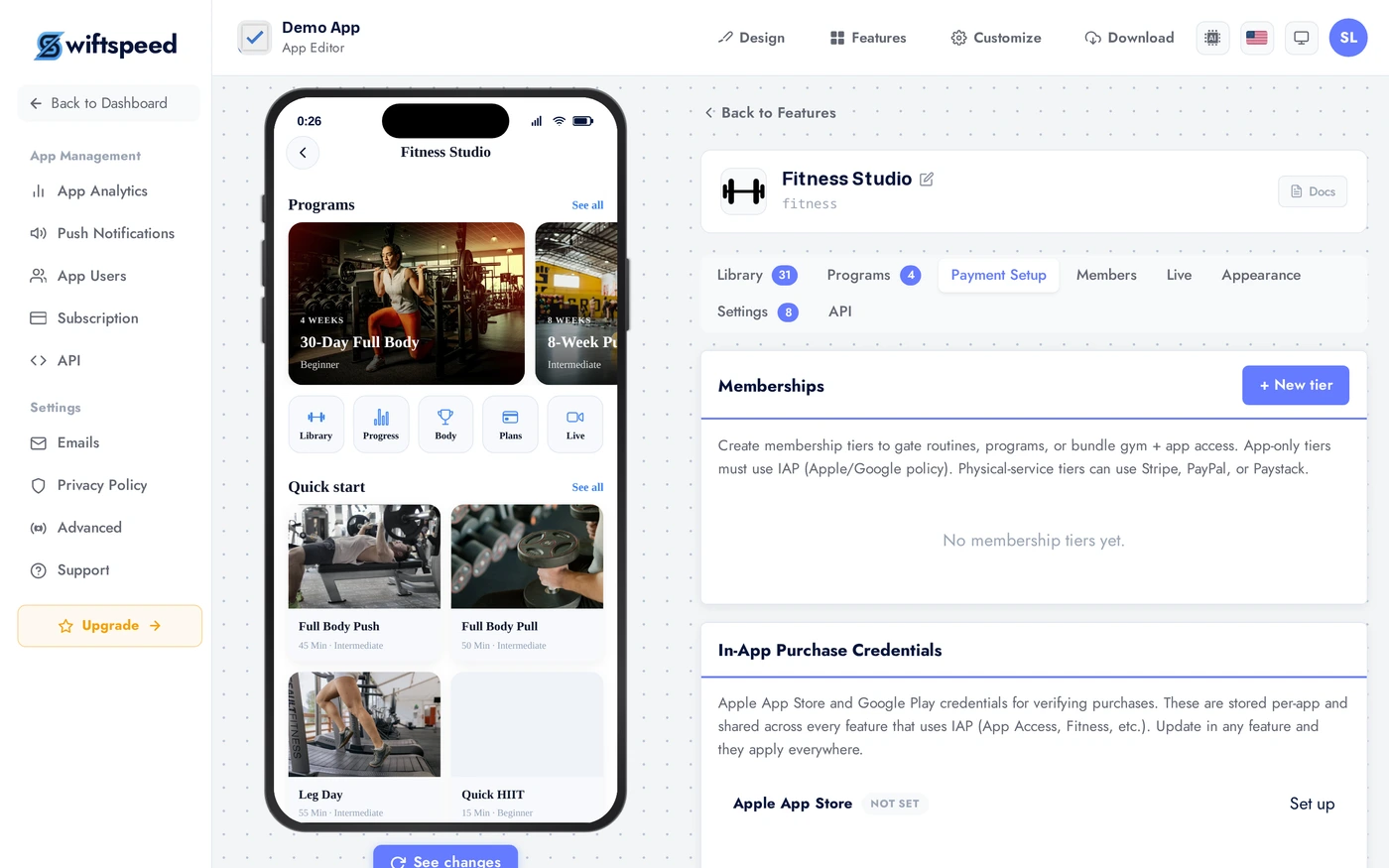 Fitness Studio Payment Setup tab showing membership tier configuration