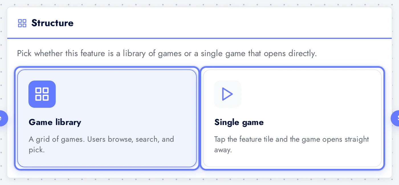 Structure picker with Game library and Single game cards