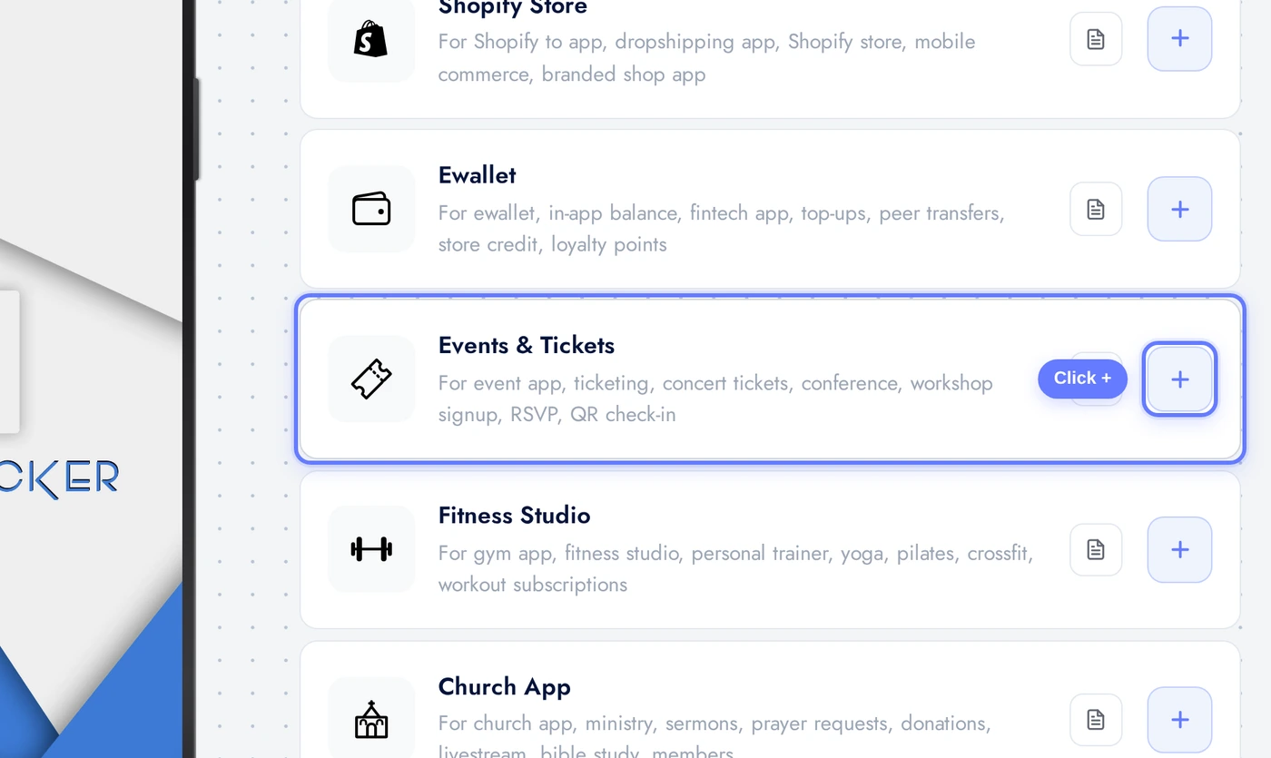 Add a Page list with the Events & Tickets card highlighted