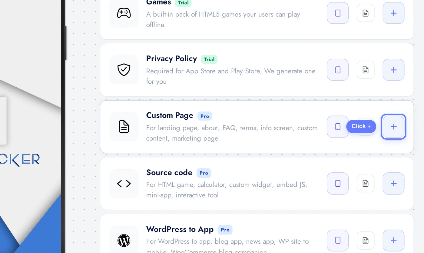 Add a Feature list with the Custom Page card highlighted