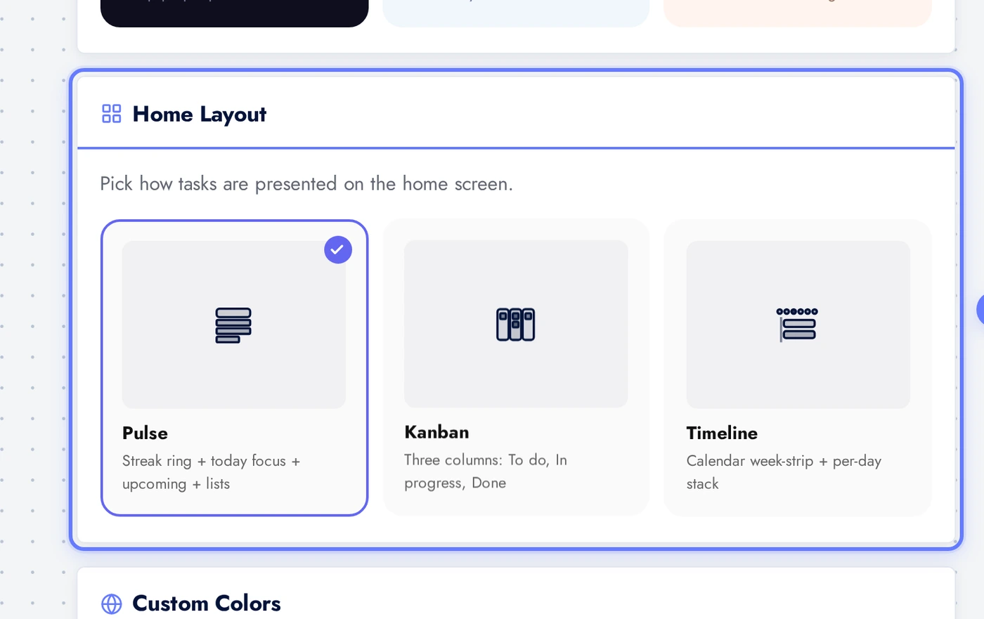 Tasks Appearance tab layout picker with Pulse, Kanban, Timeline options