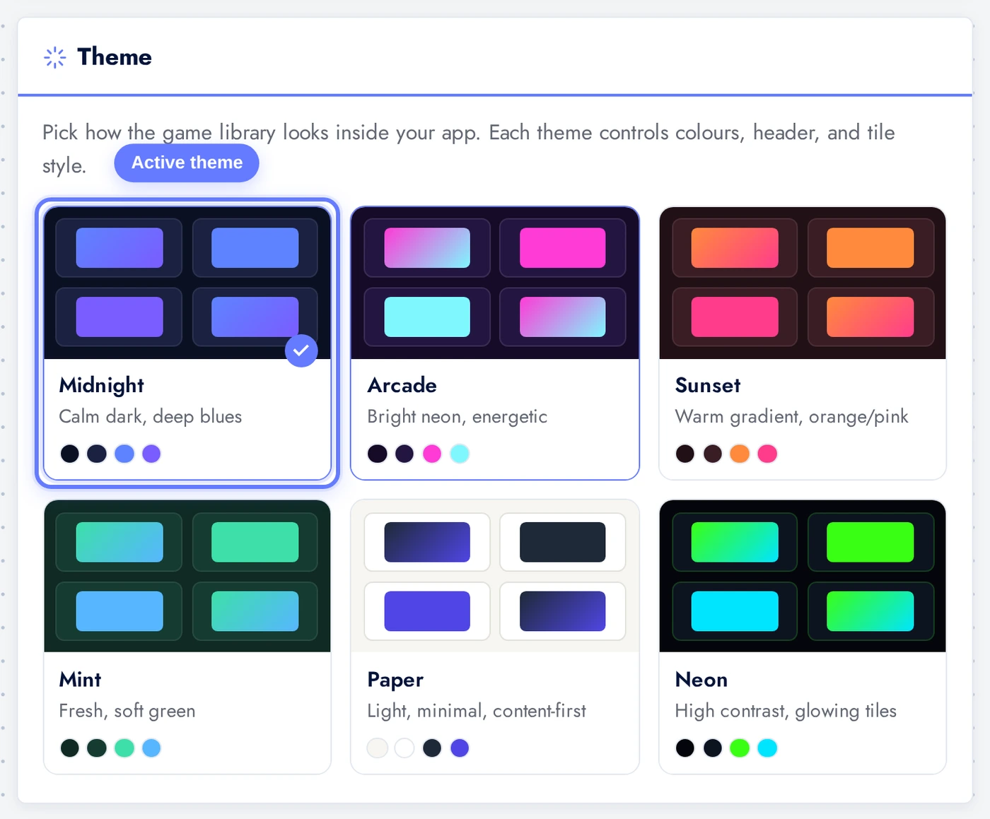 Theme picker with Midnight, Arcade, and Sunset cards