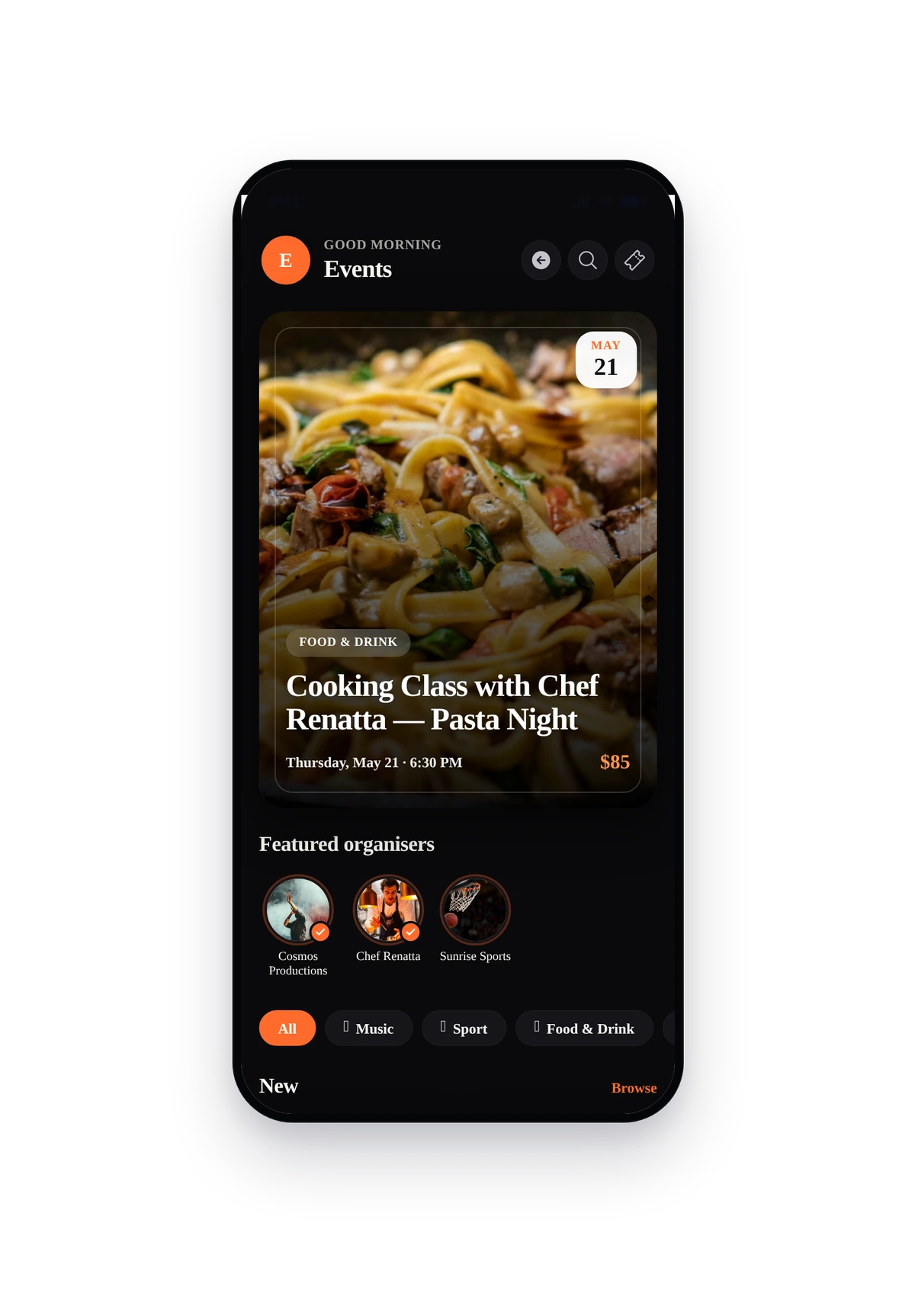 iPhone phone frame rendering the live Events home