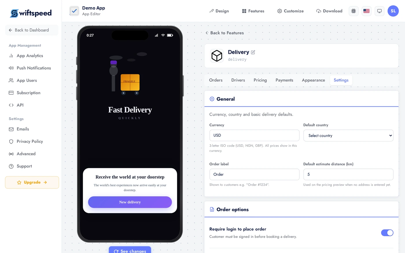 Delivery Settings tab
