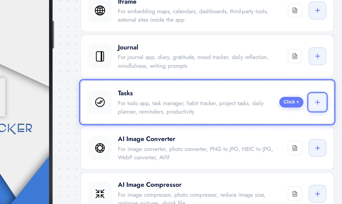 Add a Page list with the Tasks card highlighted