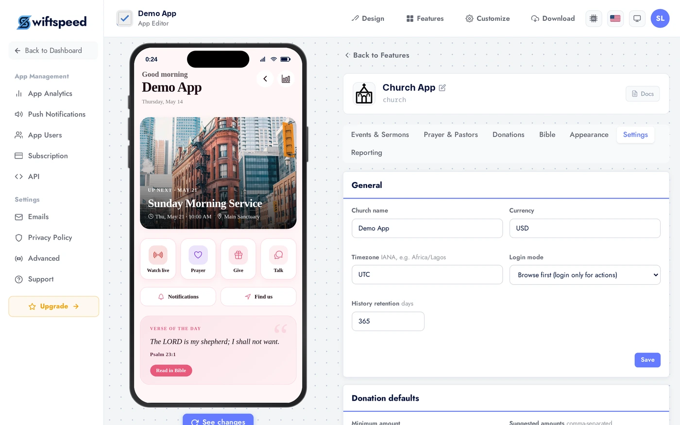 Church App Settings tab