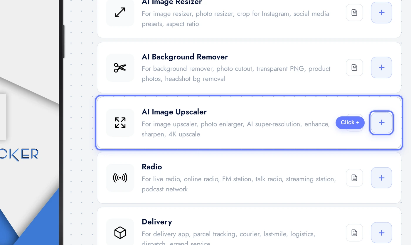 Add a Page list with the AI Image Upscaler card highlighted