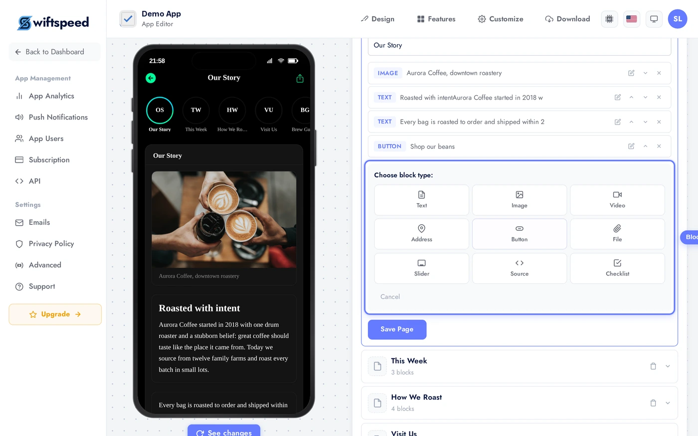 The block picker open, showing every available block type