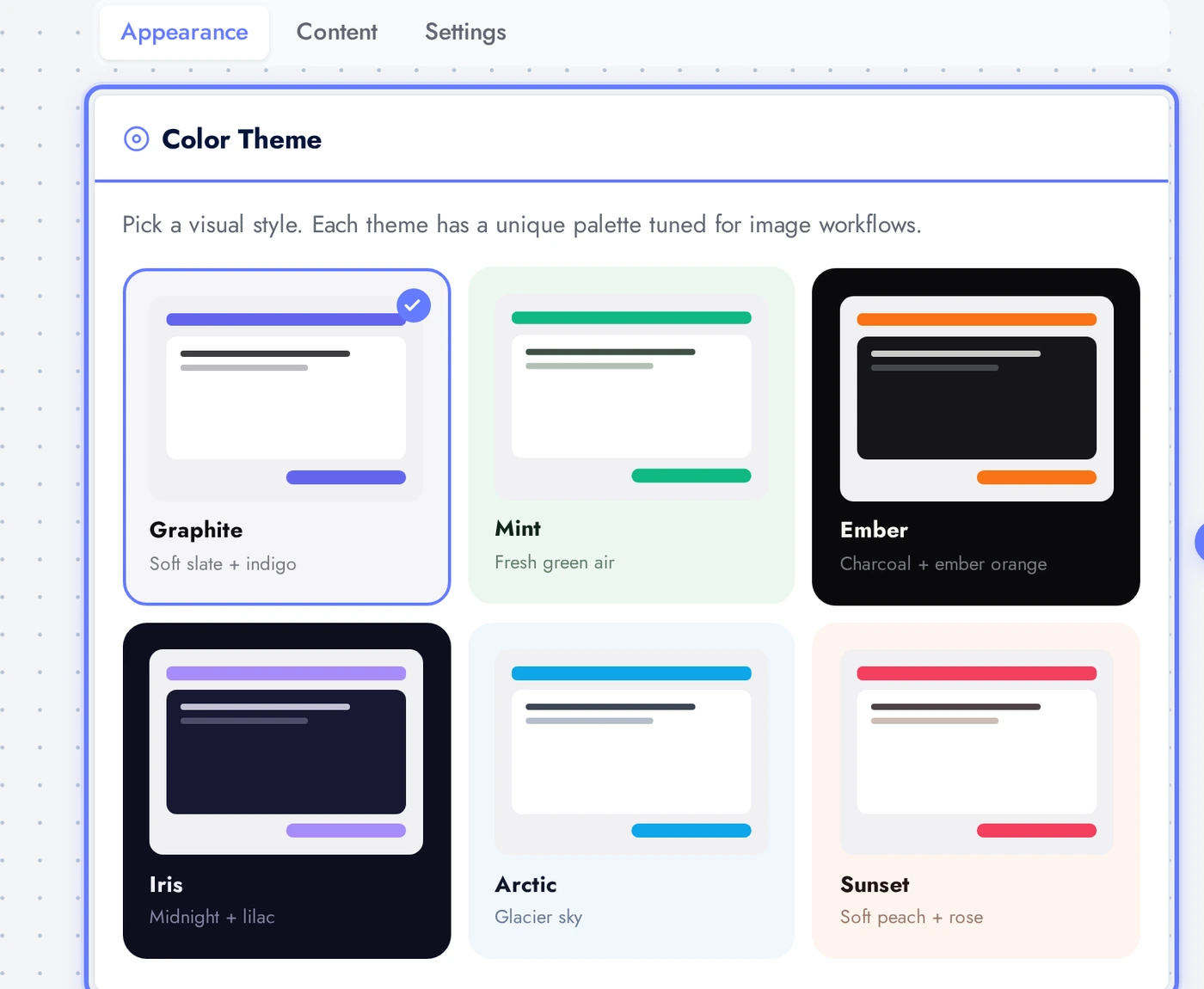 AI Image Resizer Appearance tab with six theme cards (Graphite, Mint, Ember, Iris, Arctic, Sunset)