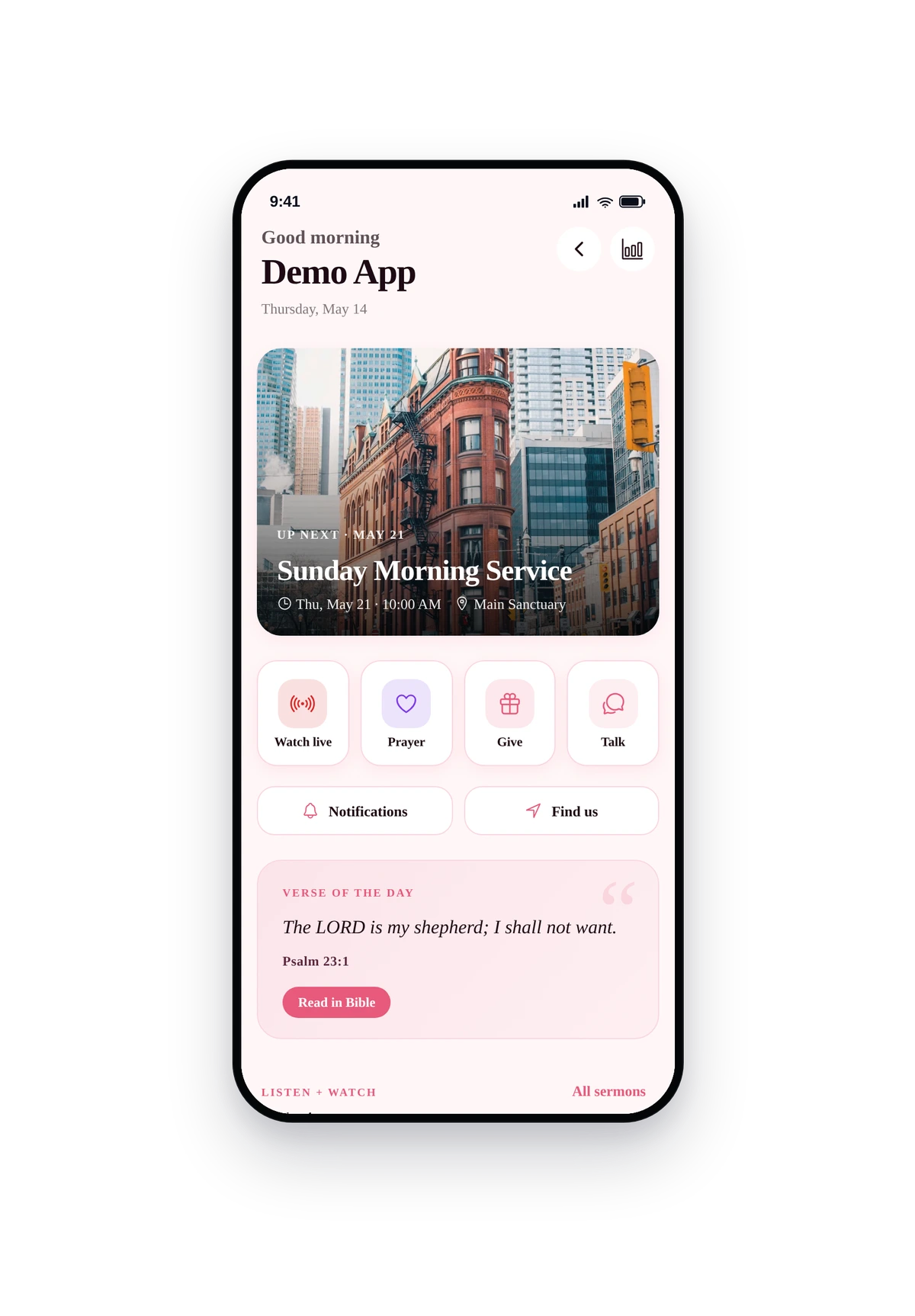 iPhone phone frame rendering the live Church App home