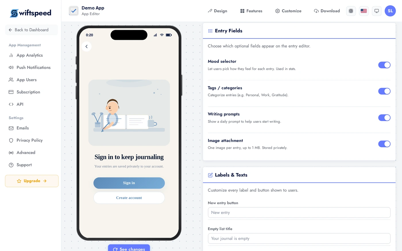 Journal Content tab Hero and toggles