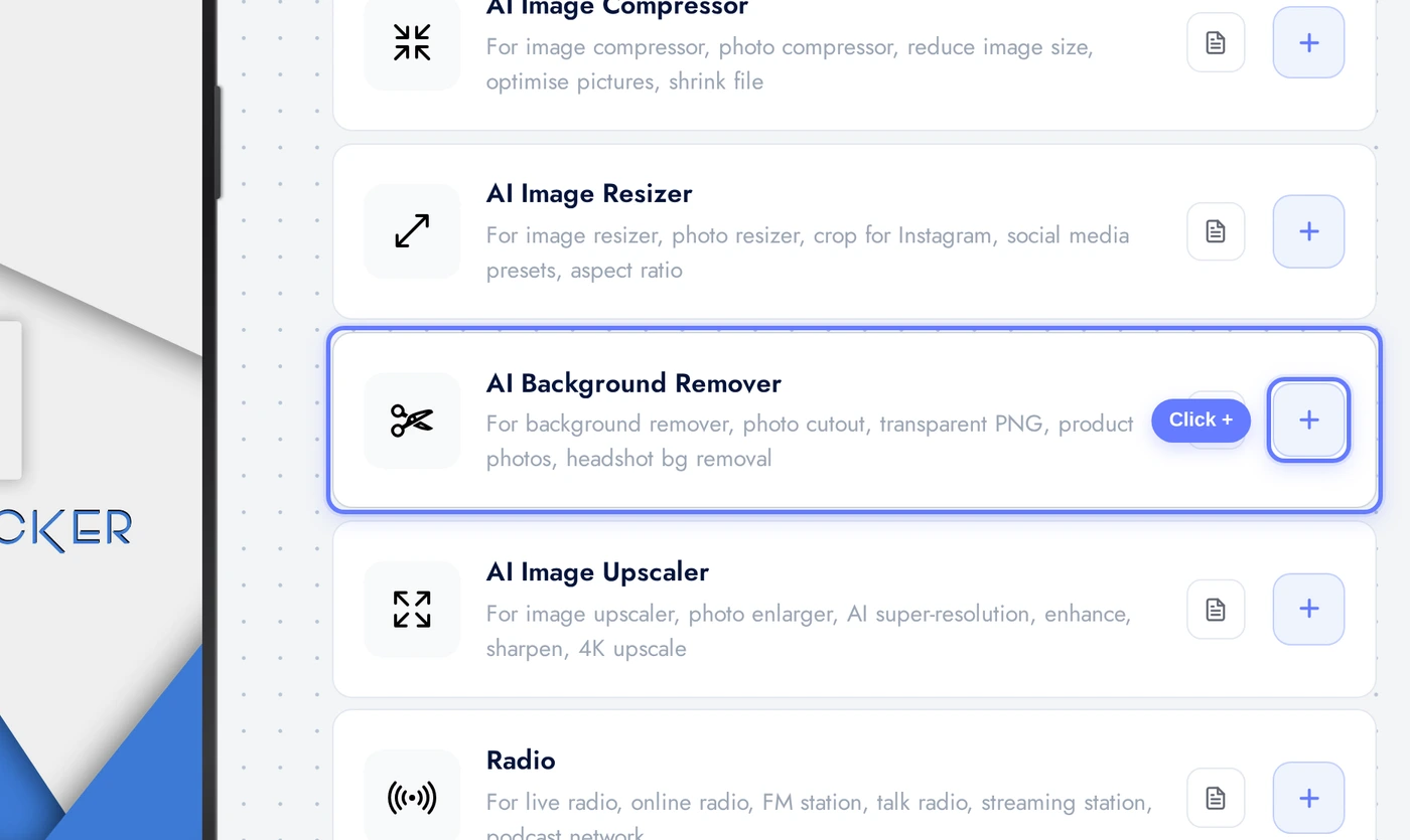 Add a Page list with the AI Background Remover card highlighted