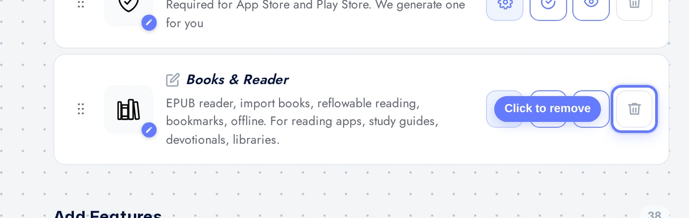 Features page with the Books & Reader row and red remove button highlighted